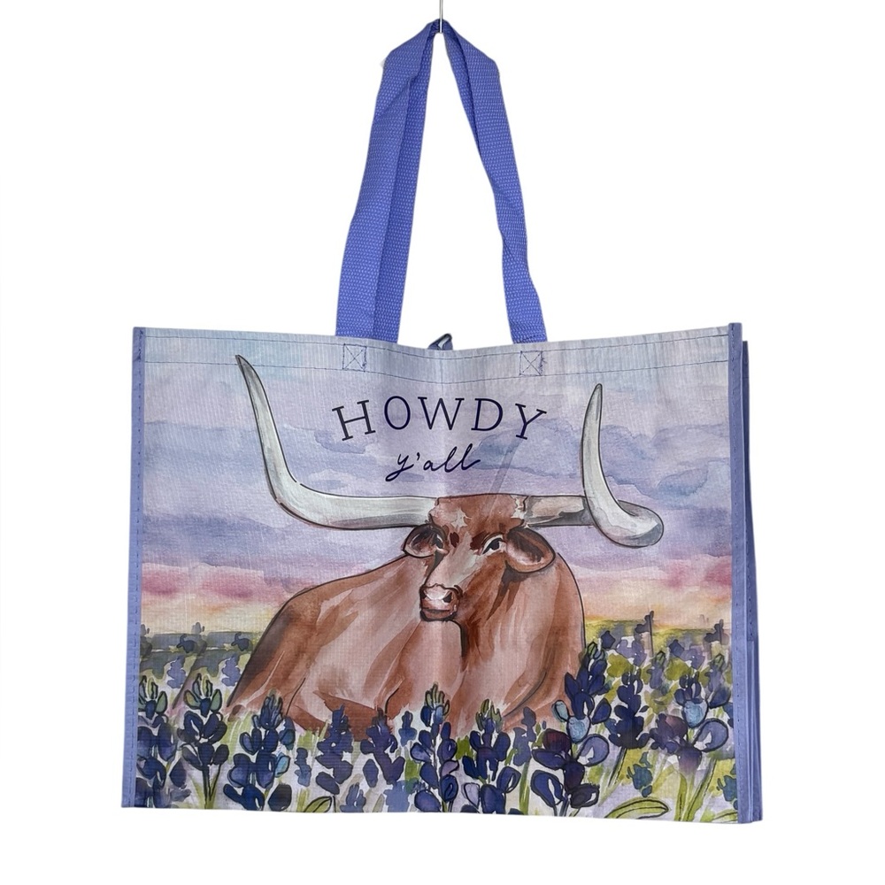 2 Howdy Y'all Longhorn With Texas Bluebonnets Reusable Shopping Tote Bags